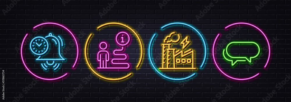 Electricity factory, Support and Time management minimal line icons. Neon laser 3d lights. Messenger icons. For web, application, printing. Electric power, Information path, Alarm clock. Vector