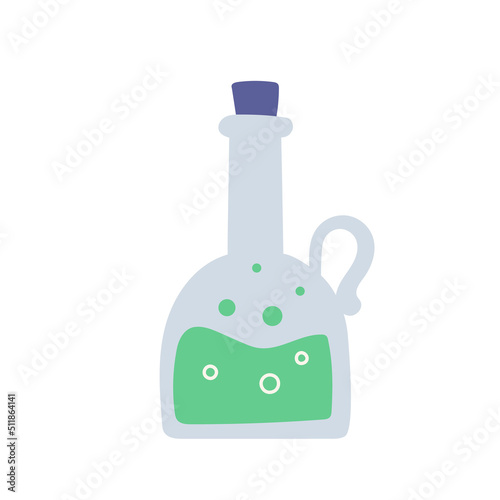 Bubbled potion magic elixir bottle, cartoon style. Glass bottle with poisonous liquid. Trendy modern vector illustration, hand drawn