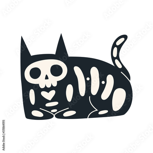 Cartoon black cat with skeleton. Funny Halloween clip art. Trendy modern vector illustration isolated on white background, hand drawn