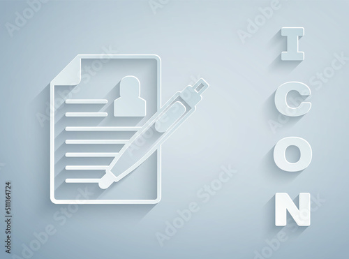 Paper cut Resume icon isolated on grey background. CV application. Searching professional staff. Analyzing personnel resume. Paper art style. Vector