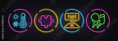 Fake review, Puzzle and Weather thermometer minimal line icons. Neon laser 3d lights. Destination flag icons. For web, application, printing. Wrong talk, Puzzle piece, Temperature. Vector © blankstock