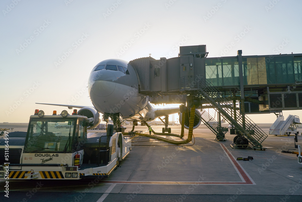 DOHA, QATAR - CIRCA JUNE, 2017: Qatar Airways aircraft on tarmac at ...