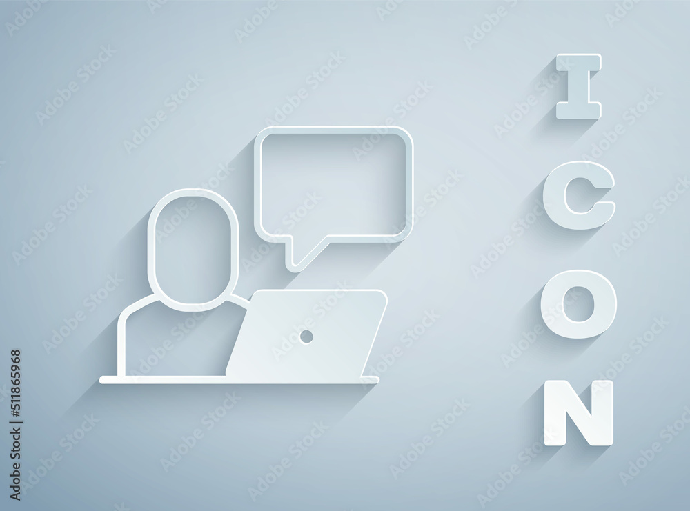 Paper cut Freelancer icon isolated on grey background. Freelancer man working on laptop at his house. Online working, distant job concept. Paper art style. Vector Paper cut Freelancer icon isolated on grey background. Freelancer man working on laptop at his house. Online working, distant job concept. Paper art style. Vector
