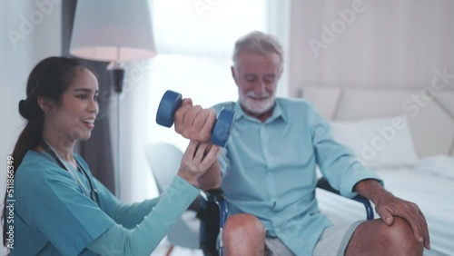 elderly patient in health insurance concept, old senior man by nurse care support, professional doctor working for medical assistance with male adult retirement person at hospital