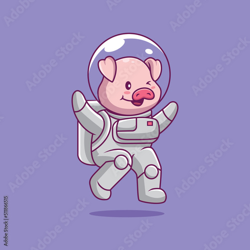 Cute pig astronaut flying cartoon illustration