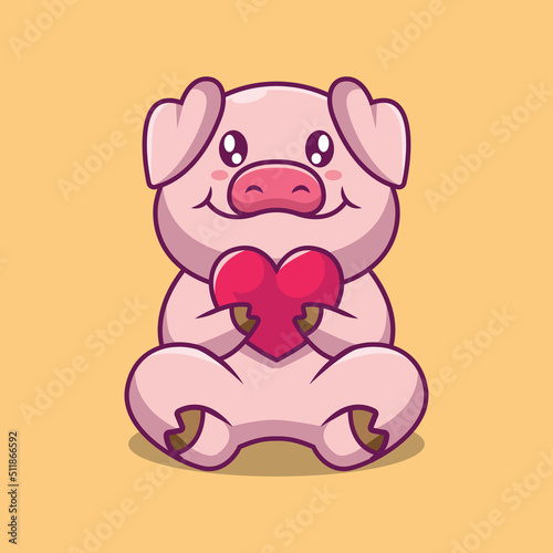 Cute pig holding love cartoon illustration