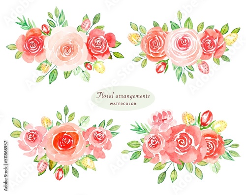 Watercolor set of floral arrangements of red roses ,perfect for greeting cards,wedding invitation.