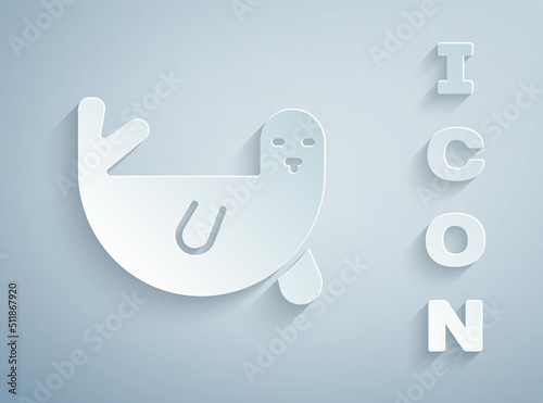 Paper cut Fur seal animal icon isolated on grey background. Paper art style. Vector