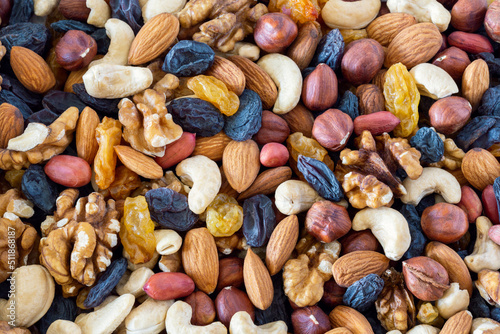 Mix of different kind of nuts and dried fruits, almond, walnut, hazelnut, cashew, peanut, light and dark raisins. Top view, close up.