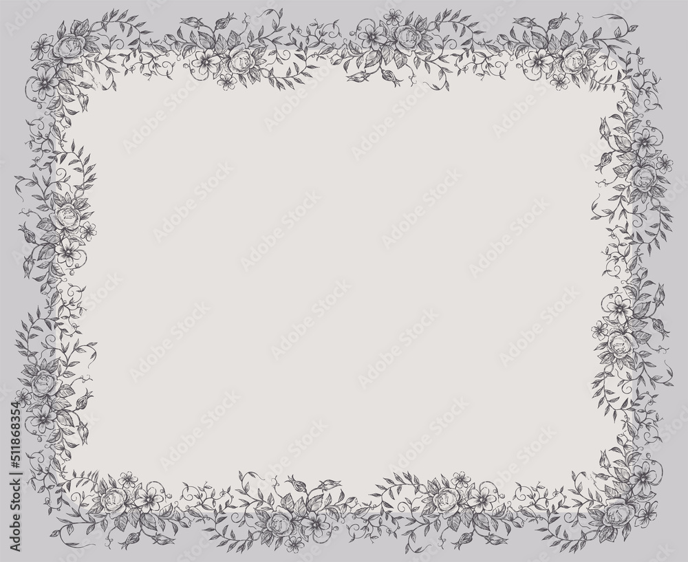 Decorative card with border from sketches vintage floral twigs with leaves,flowers and tendrils