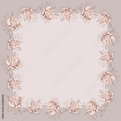 Decorative square greeting card with border from sketches delicate garden roses