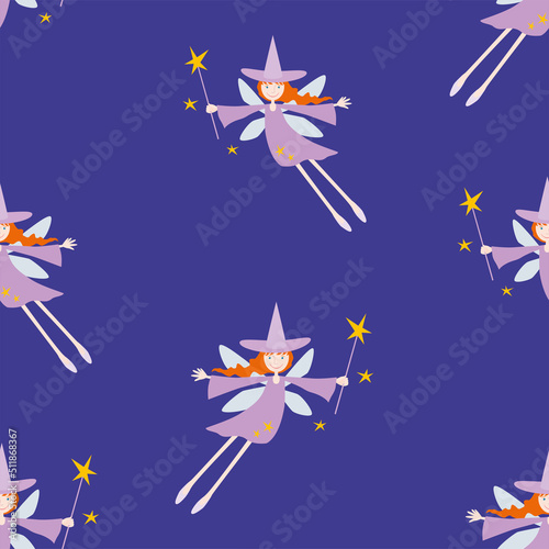 Seamless background of cartoon cheerful flying young witch