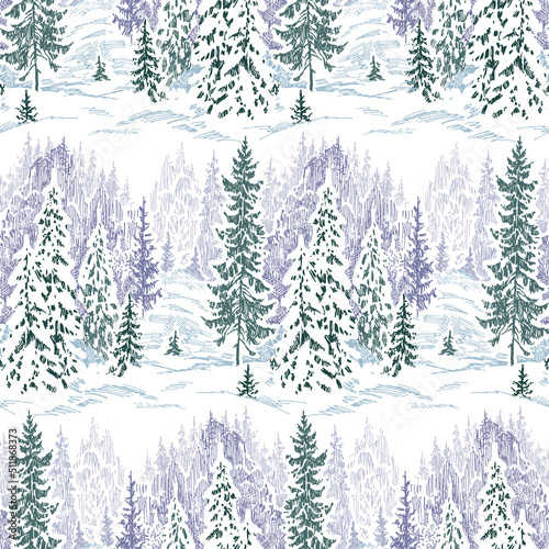 Seamless background of sketches fir forest in frosty snowy winter