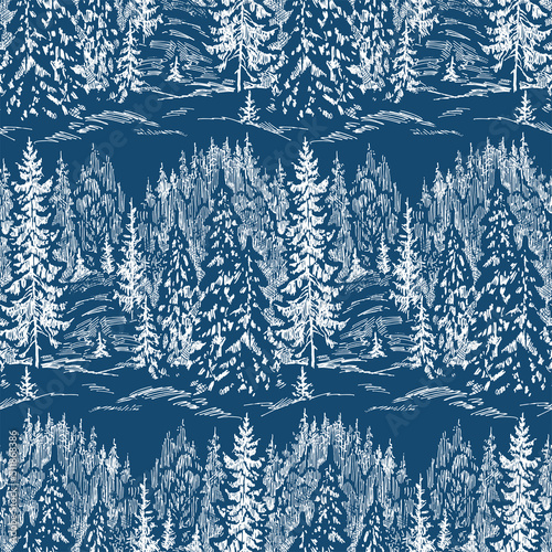 Seamless background of sketches fir forest in frosty snowy winter