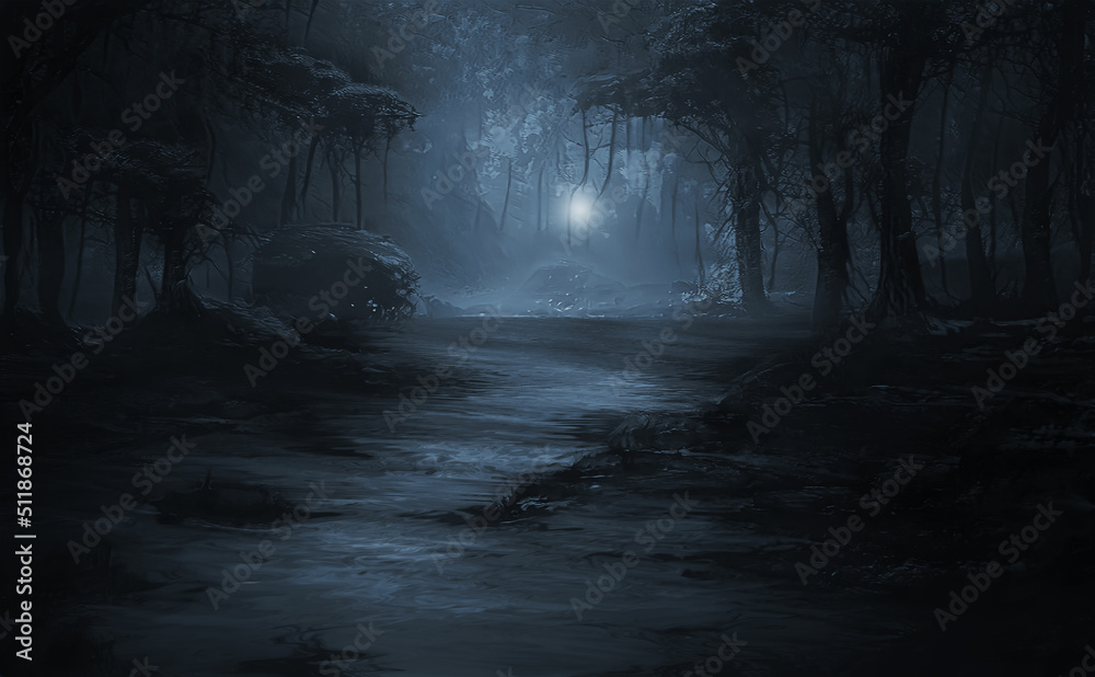 Gloomy dark night misty forest. Night landscape and forest, moonlight, trees,  river in the forest. 3D illustration Stock Illustration