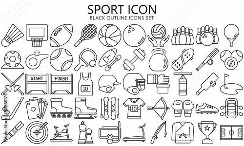 Sports and game black outline icons set, Contains such soccer, baseball, basketball, boxing and more. Used for modern concepts, web, UI, UX kit and applications. vector EPS 10 ready to convert to SVG.