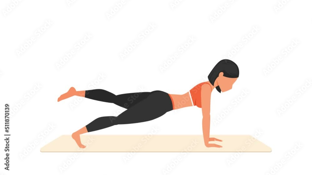 One leg push-ups exercise tutorial. Female workout on mat. Fitness woman exercising. Looped 2D animation with young girl character training. Sport and healthy lifestyle concept.
