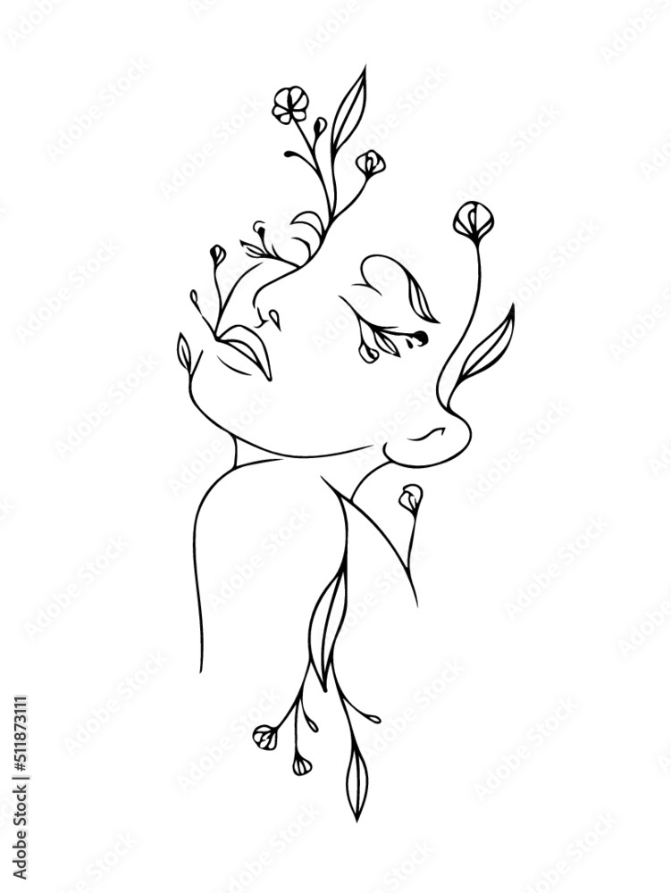 girl face line art with flower girl face line art with flower