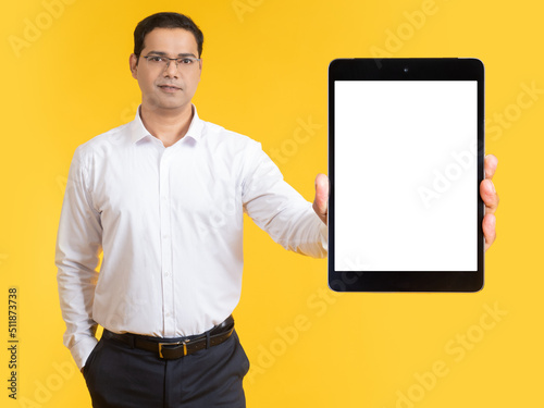 Tablet mockup. Man with big...