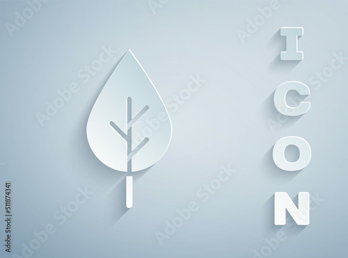 Paper cut Leaf Eco symbol icon isolated on grey background. Banner, label, tag, logo, sticker for eco green. Paper art style. Vector