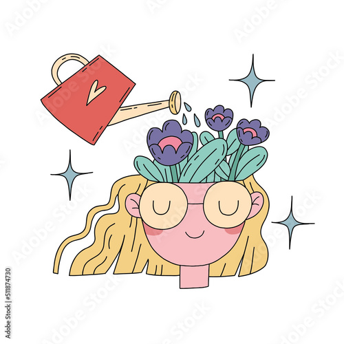 Mental health, diseases, brain development, treatment concept, hand water, female head and brain pop-up shape, flat hand drawn vector illustration