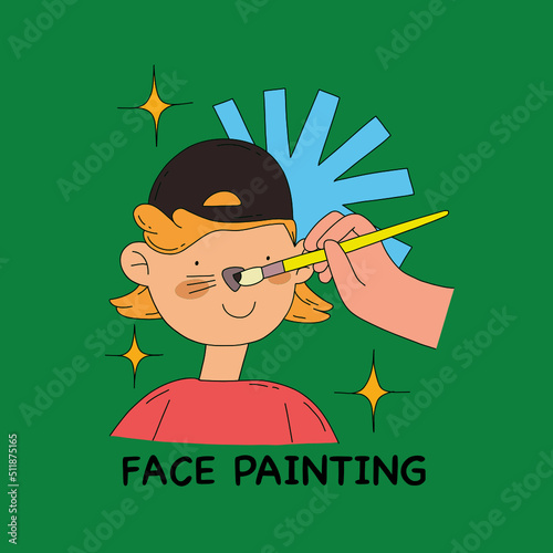 Colorful icon face painting. Child with painted face and brushes. Hand drawn flat vector illustration isolated on green background.