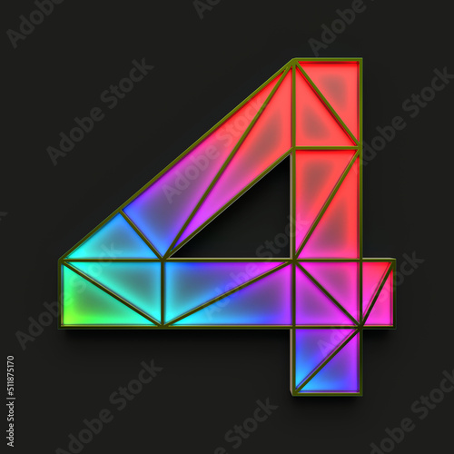 Number 4 made of iridescent frame with multicolored light inside on dark background, 3d rendering © Conny Crane