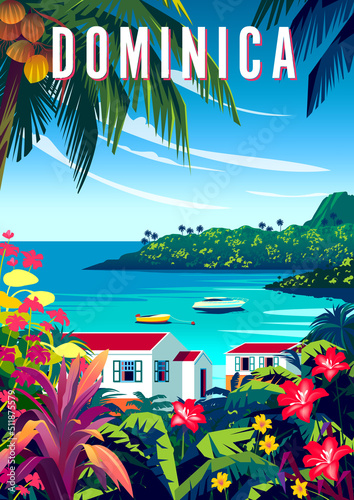 Tropical Island landscape with traditional houses, palm trees,   and the sea in the background. Handmade drawing vector illustration. Dominica travel poster design.