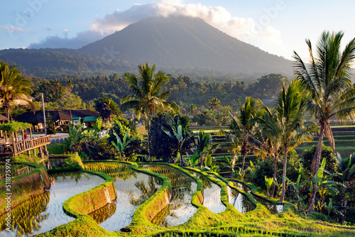 Beautiful sunrise over the Jatiluwih Rice Terraces against the background of spellbinding Mount Batukaru and Mount Agung in Tabanan, Bali. Indonesia photo