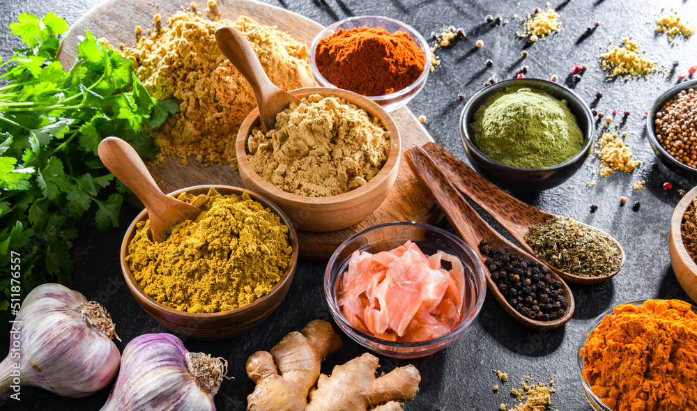 Composition with assortment of spices and herbs Composition with assortment of spices and herbs