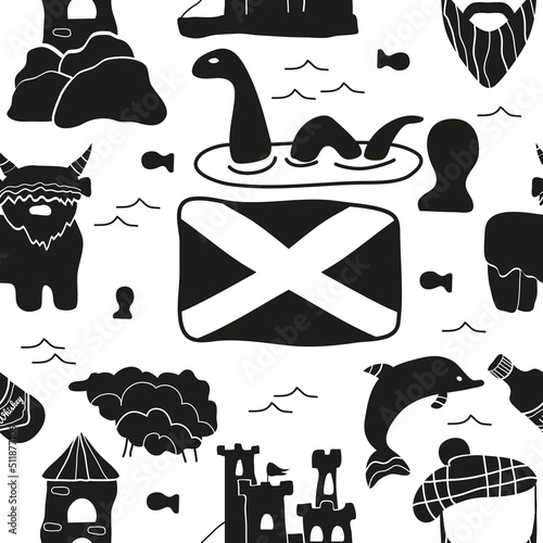 Scottish seamless pattern. Vector illustration background. Whiskey, yak, fortress, castle, dolphin, sheep, Loch Ness monster, flag, bagpipes, hat, man with beard, fish. Traditions of the country.