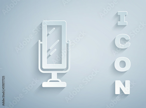 Paper cut Big full length mirror for bedroom, shops, backstage icon isolated on grey background. Paper art style. Vector