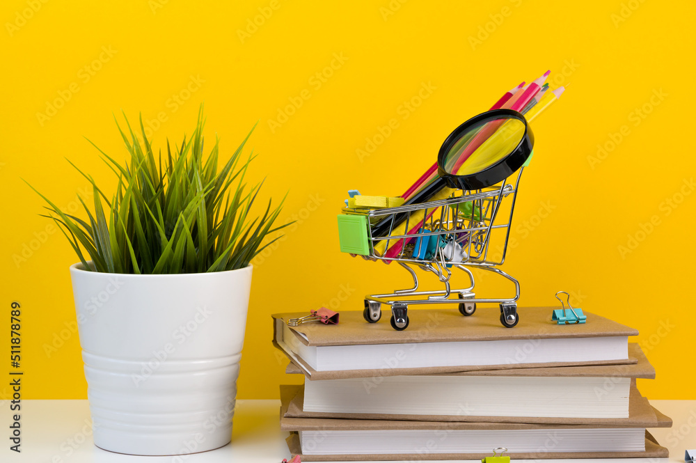 Banner with place for text. School supplies in shopping cart on pile of books.