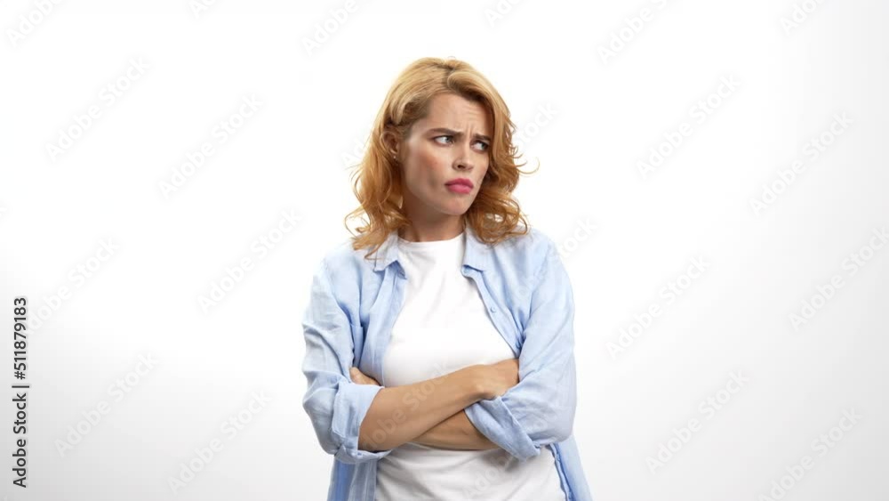 pondering woman with upset face has no choice, emotions pondering woman with upset face has no choice, emotions
