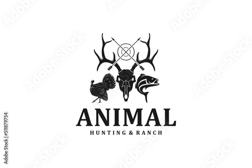 Animal deer turkey fish logo design silhouette bow archer arrow skull head antler horns vector