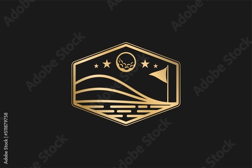 Golf ball moon logo design golf flag stars element hexagon shape badge luxury gold 