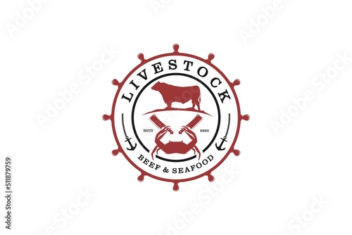 Livestock logo meat shop design seafood shop restaurant rounded shape steering wheel nautical