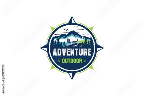 Mountain logo compass windrose design rounded shape rocky peak snow wildlife