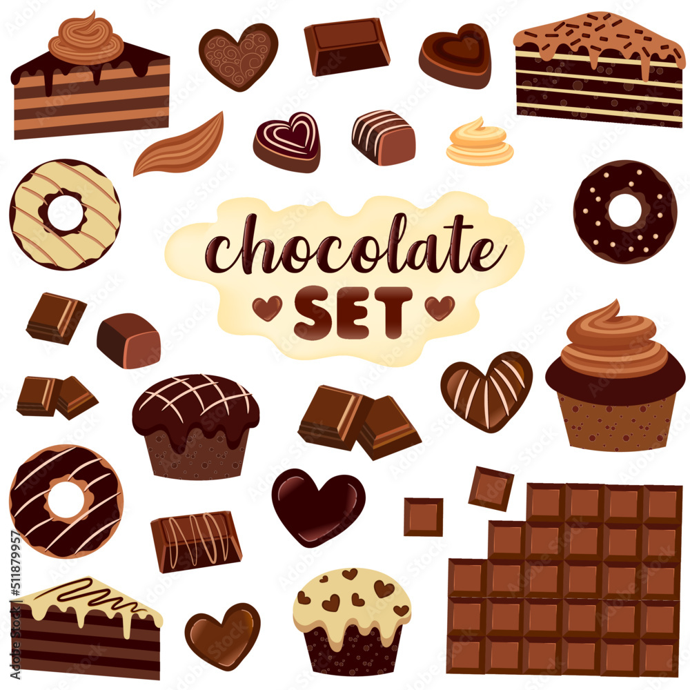 a large set of chocolate products. heart shaped sweets, chocolate pieces. black and milky. vector illustration