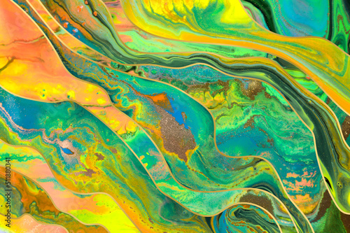 Gold dust and waves with fluorescent inks background. Ocean style marble template.