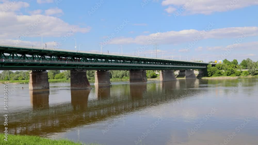 Gdanski Bridge over River Wisla - Vistula in Warsaw city, Poland, 4k Gdanski Bridge over River Wisla - Vistula in Warsaw city, Poland, 4k