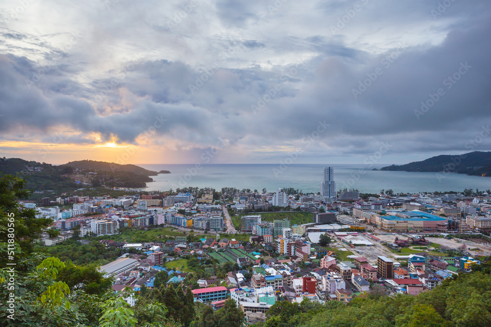 Landscape twilight city view with sunset in Phuket, Thailand.