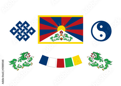 Tibet symbol icon set vector. Flag of tibet, snow lion, endless knot, yin and yang buddhist symbol icon set vector isolated on a white background. Tibetan symbols design element