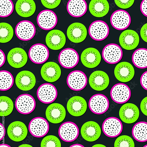 Kiwi and pitaya seamless pattern. Exotic fruits isolated on dark backdrop. Scandinavian hand drawn style. Tropical flat doodle. Fresh food illustration for fabric, wallpaper, wrapping paper, package