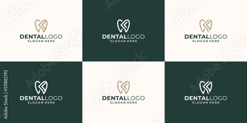 Collection dentistry clinic logo design with geometric line abstract dental logo and initials letter K abstract vector illustrator design.