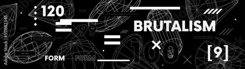 Retro futuristic web banner design with strange wireframes of geometric shapes modern design inspired by brutalism, Vector 3d structure physical figures, Old wave cyberpunk concept