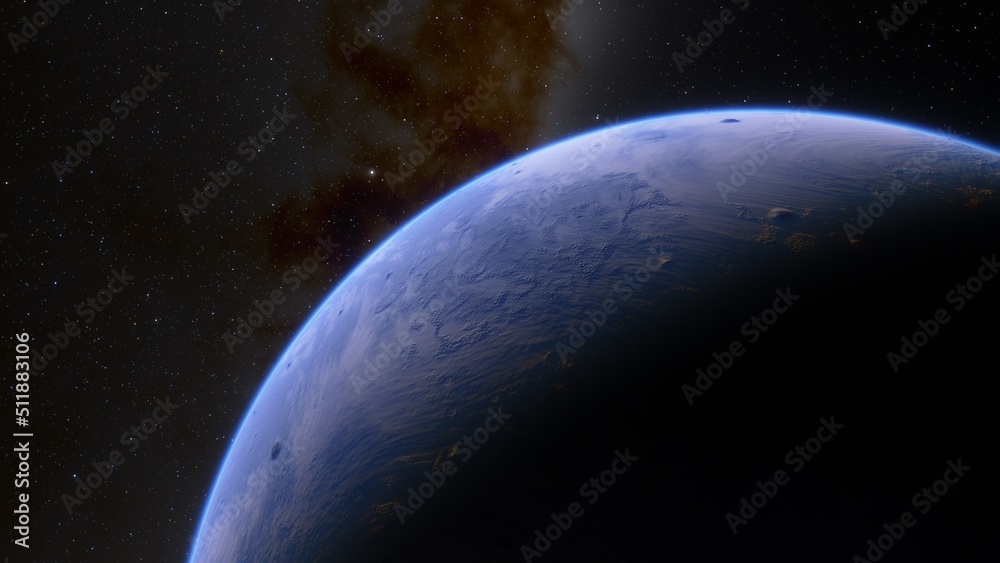 super-earth planet, realistic exoplanet, planet suitable for colonization, earth-like planet in far space, planets background 3d render
