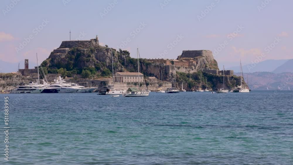 Old Fortress over Garitsa Bay, Corfu city on Corfu Island, Greece, 4k video Old Fortress over Garitsa Bay, Corfu city on Corfu Island, Greece, 4k video