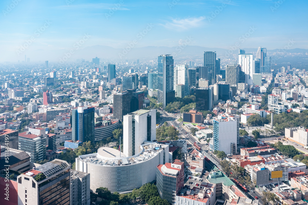 Fototapeta premium American Embassy in Mexico City, on Paseo de La Reforma avenue, seen from a drone