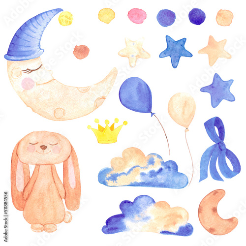 Handdrawn watercolor set of elements for children's textile. Scrapbook design, typography poster, label, banner, post card.
